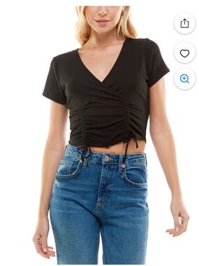 Women's Black Ruched V-Neck Crop Top